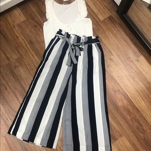 Tie Waist High Waist Pants Cropped Striped